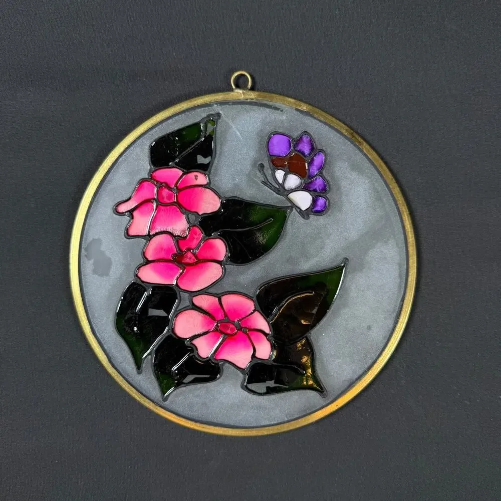 Lot of 4 Handcrafted Chartray Glass Art Panels (USA) Vintage flowers bird